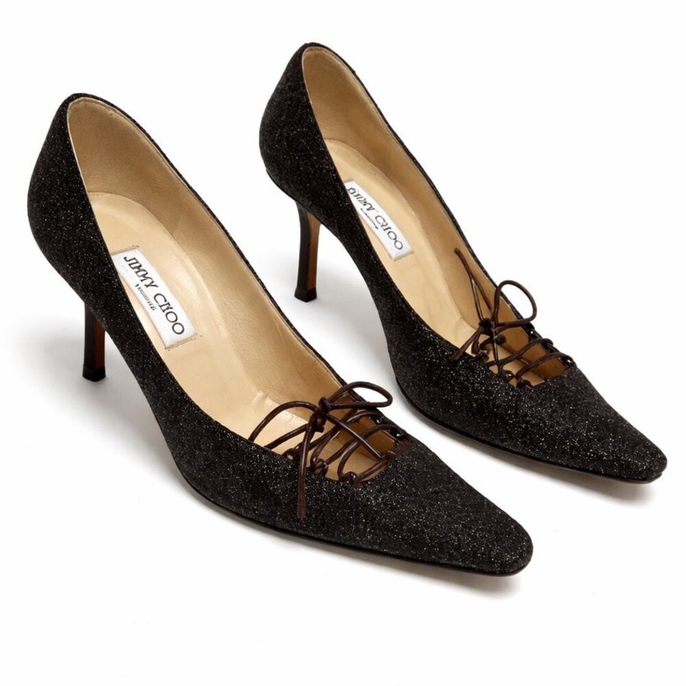 Jimmy Choo Brown Tweed Heels Sz 38.5 | Vintage Designer Pointed Toe Kitten Heel